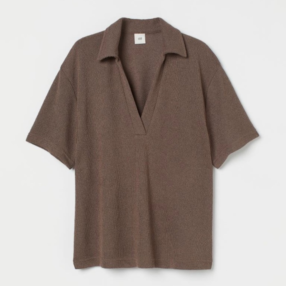 H&M Slub Knit Polo Shirt in Dark Brown